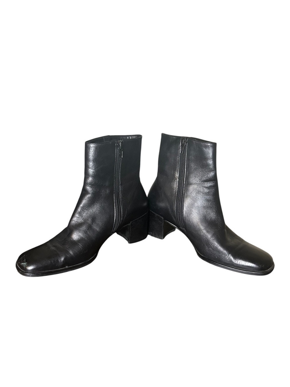 Black Leather Ankle Boots Block Heel Zip Closure Size 37 - Picture 4 of 6